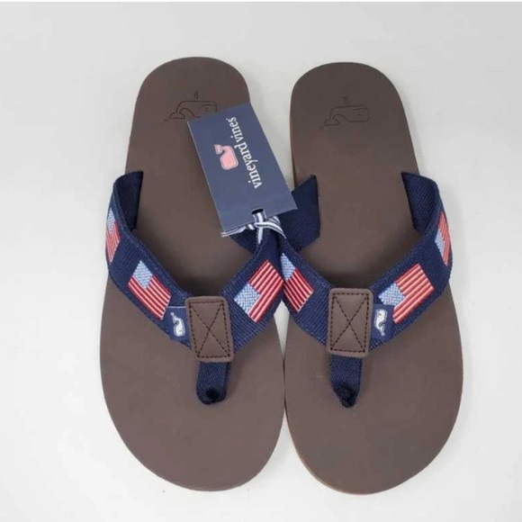Needlepoint USA flag sandals flip flops men’s leather american vineyard vines - Picture 6 of 9